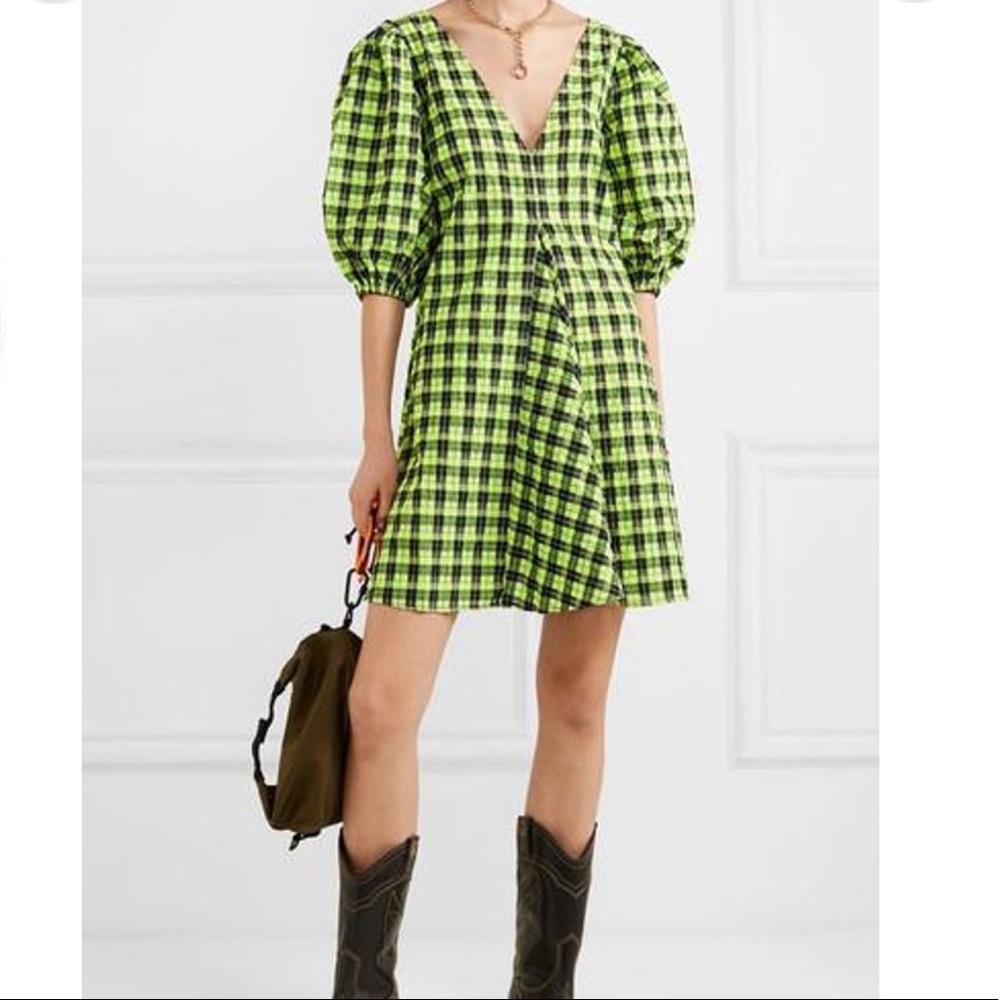 GANNI NEON GREEN PLAID DRESS SIZE US 8-10